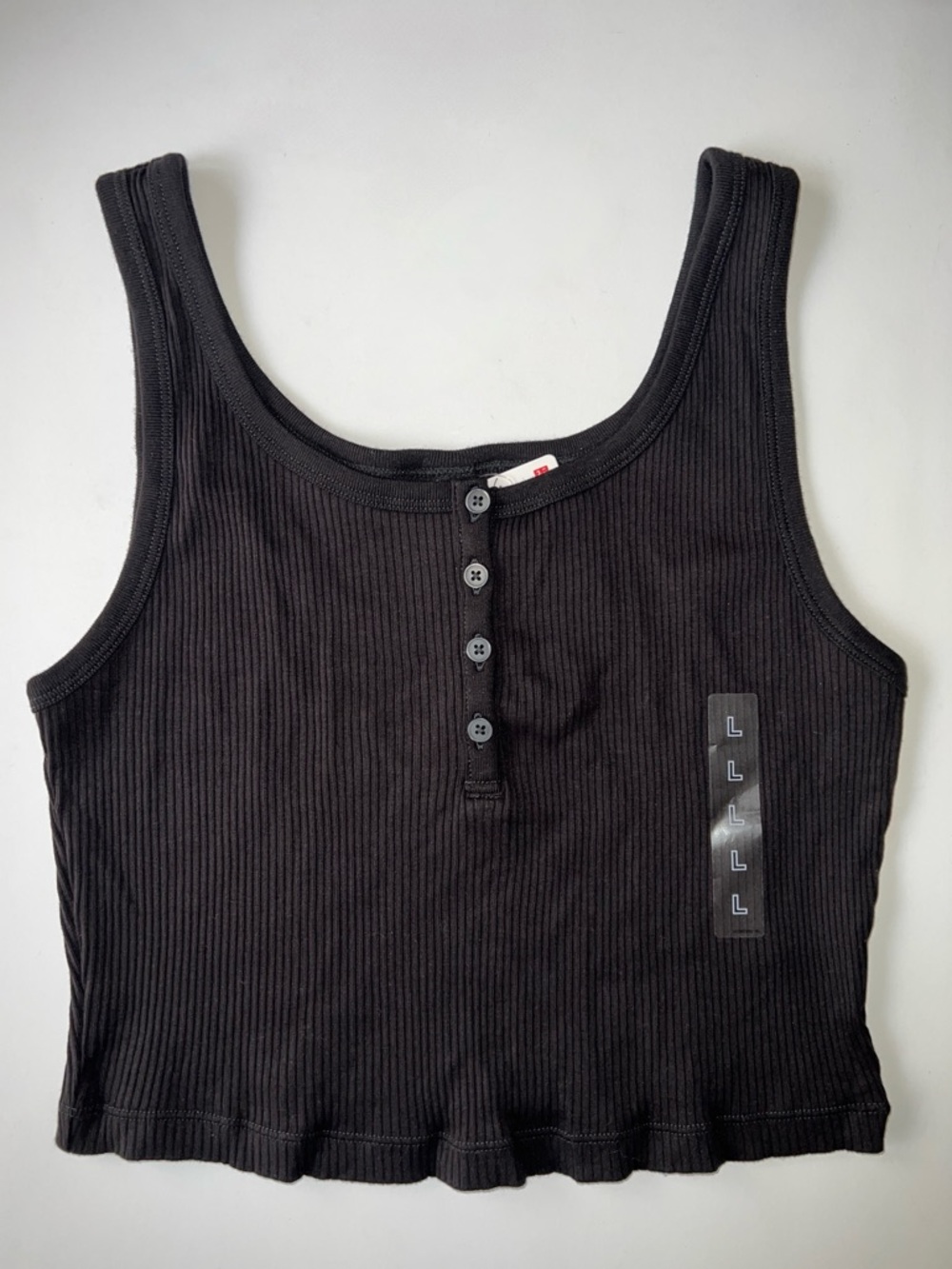 Uniqlo Black Ribbed Henley Crop Tank Top